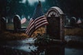 Rainy Cemetery Grave with American Flag. Memorial day. AI