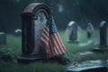 Rainy Cemetery Grave with American Flag. Memorial day. AI