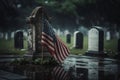 Rainy Cemetery Grave with American Flag. Memorial day. AI