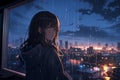 Rainy City At Night With Anime Girl Looking Out K Wallpaper