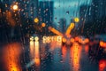 Rainy cityscape Evening view through passenger window, lights creating bokeh