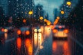 Rainy cityscape Evening view through passenger window, lights creating bokeh