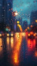 Rainy cityscape Evening view through passenger window, lights creating bokeh