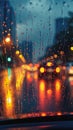 Rainy cityscape Evening view through passenger window, lights creating bokeh