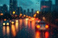 Rainy cityscape Evening view through passenger window, lights creating bokeh