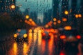 Rainy cityscape Evening view through passenger window, lights creating bokeh