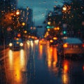 Rainy cityscape Evening view through passenger window, lights creating bokeh