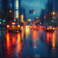 Rainy cityscape Evening view through passenger window, lights creating bokeh