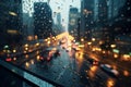 Rainy cityscape Raindrops on window with bustling city in background