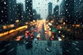 Rainy cityscape Raindrops on window with bustling city in background