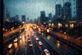 Rainy cityscape Raindrops on window with bustling city in background