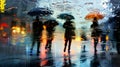 Rainy Cityscape With Vibrant Umbrella Reflections and Silhouetted Commuters in Expressive Brushwork Royalty Free Stock Photo