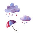 Rainy clouds and colored umbrella watercolor hand drawn set Royalty Free Stock Photo