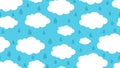 Rainy clouds pattern. Season weather, rain drops and white cloud vector seamless texture