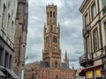 Rainy cloudscape over a Plaza Gran Mercado tourist attraction in Bruges, Belgium