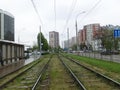 Rainy cloudy weather. Tram rails