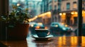 Cozy Coffee by Rainy Window Urban Street Bokeh Lights Royalty Free Stock Photo