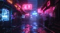 Rainy Cyberpunk Alley with Futuristic Neon Signs and Mysterious Figure