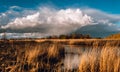 Rainy dark clouds panorama near small pond