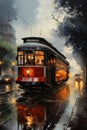 Rainy Day Adventure: A Trolley Car Ride Through a Lush Cityscape Royalty Free Stock Photo