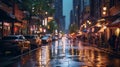 Rainy day in a bustling cityscape, with parked cars on the street in the evening, AI-generated.