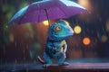 Rainy Day Chameleon: A Photorealistic Cartoon Character with an Umbrella