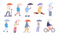 Rainy day characters. Raincoat and umbrella for people. Worker on bike, cute persons hold umbrellas. Autumn weather