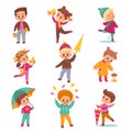 Rainy day children. Kids in warm autumn outdoor clothes, cute boys and girls with umbrellas and yellow leaves, season