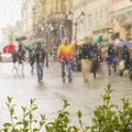 Rainy day in city. People with umbrella seen through raindrops on glass of window . Selective focus on the raindrops Royalty Free Stock Photo