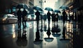 Rainy day in the city, silhouettes of people with umbrellas