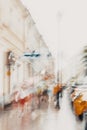 Rainy day in city. Street, people crowd, abstract colorful background, blur, art impressionism style Royalty Free Stock Photo