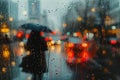 Rainy Day Cityscape with Blurred Umbrellas and Pedestrians Royalty Free Stock Photo