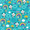 Rainy day clouds rainbows umbrellas raindrops panda bears pattern