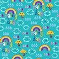 Rainy day clouds rainbows umbrellas raindrops sky seamless pattern Royalty Free Stock Photo