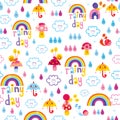 Rainy day clouds rainbows umbrellas raindrops snails kids seamless pattern Royalty Free Stock Photo