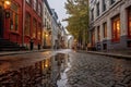 rainy day on cobblestone street, puddle reflections Royalty Free Stock Photo