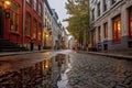 rainy day on cobblestone street, puddle reflections