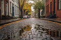 rainy day on cobblestone street, puddle reflections Royalty Free Stock Photo