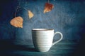 Rainy day with a cup of tea. Autumn leaves, rain behind the window Royalty Free Stock Photo