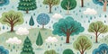 Rainy Day Forest Pattern with Colorful Trees and Clouds for a Cheerful Nature Scene Royalty Free Stock Photo