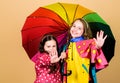 Rainy day fun. Happy walk under umbrella. Kids girls happy friends under umbrella. Rainy weather with proper garments