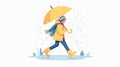 In a rainy day, a happy character strolls under an umbrella and steps into a puddle in rubber boots. Flat graphic