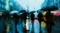 Rainy Day Impressions Bustling Urban Landscape with Kaleidoscopic Umbrella Reflections and Silhouetted Commuters