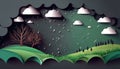 Rainy day landscape in paper cut style, clouds, drops wather and green grass. Generative AI