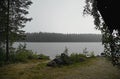 A rainy day, large drops of rain fell on the lake