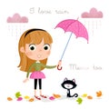 Rainy day - little girl with pink umbrella and autumn leaves