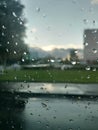 A rainy day outside the car window