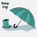 Postcard vector flat llustration of a pair of blue rainboots and an umbrella Royalty Free Stock Photo