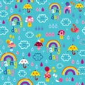 Rainy day rainbows umbrellas raindrops snails sky seamless pattern Royalty Free Stock Photo