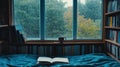 Rainy day reading nook, bookshelves, window view Royalty Free Stock Photo